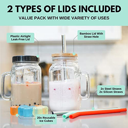 32 oz Wide Mouth Glass Drinking Jar with Handle | Iced Coffee Cup | Includes 2 Lids, 2 Silicone Straws, 2 Stainless Steel Straws, 20 Reusable Ice Cubes, Cleaning Brush & Recipe Book.
