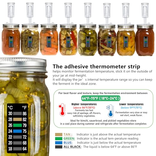 laffeya Fermentation Lids Kit, 6 Sets Stainless Steel Wide Mouth Mason Lids | Mason Jar Fermenting Lid, Airlock, Thermometer Strip, Silicone Ring & Grommet, Fermentation Airlock Lids (Jars Not Included)
