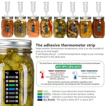 laffeya Fermentation Lids Kit, 6 Sets Stainless Steel Wide Mouth Mason Lids | Mason Jar Fermenting Lid, Airlock, Thermometer Strip, Silicone Ring & Grommet, Fermentation Airlock Lids (Jars Not Included)