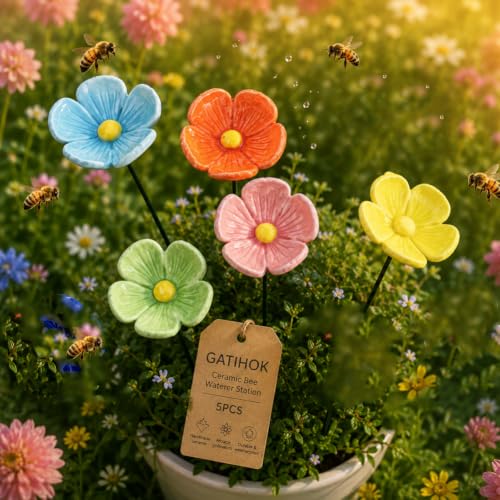 Bee Watering Station for Garden Cups Bird Butterfly Bees Ceramic Drinking and Water Bath Feeder Cup Blossoms Flowers Shaped Design Poppies Bowl Wildlife Feeding 5PCS Watring Pollinator - color: #5PCS-C