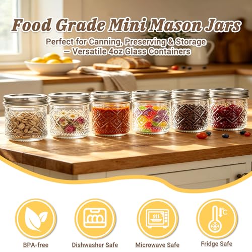 STARSIDE Mini Glass Mason Jars 4oz 24-Pack with Airtight Split Lids | Embossed Small Canning Jars for Jams, Jelly, Honey, Snacks, Spices, DIY Gifts & Wedding Favors - color: Clear05-4oz