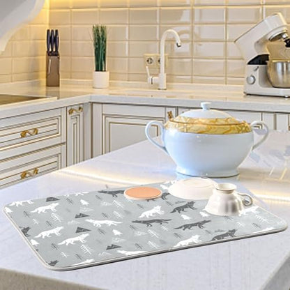 Wolves Tree Gray Dish Drying Mat for Kitchen Counter Super Absorbent Draining Mat with Non-slip Backed Dish Rack Pad for Draining Racks Countertops Sinks Dish Bottles Cups Bowl