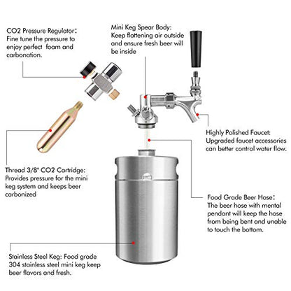 TMCRAFT 64oz Pressurized Mini Keg Growler, Portable Stainless Steel Home Keg Kit System with Updated Co2 Regulator Keeps Fresh and Carbonation for Homebrew, Craft and Draft Beer
