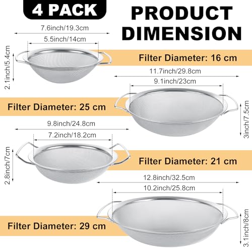 4 Pack Fine Mesh Paint Strainer with Handle, 60 Mesh Stainless Steel Paint Filter, Emulsion Honey Funnel Filter Cover Fits 1 2 3 5 Gallon Paints Bucket Filters Tool Insert