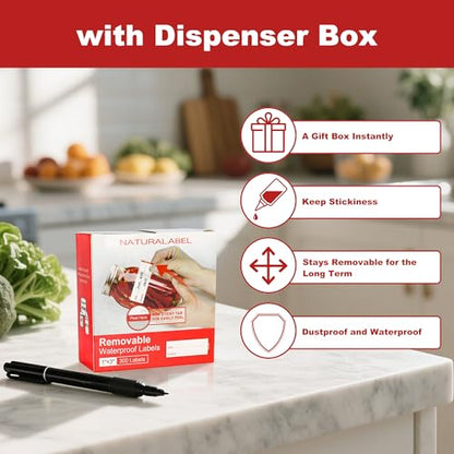 NATURALABEL 300 PCS Removable Freezer Labels with Dispenser - 1" x 3" Food Labels for Meal Prep Containers, Easy Peel-Off Design, No Residue (Red) - color: Preprinted-red