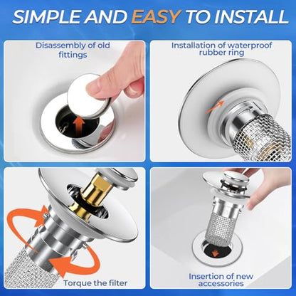 Bathroom Sink Drain Strainer,(2PCS) Pop-up Sink Drain Strainer with Removable Stainless Steel Strainer Basket Hair Catcher, Bathroom Sink Strainer for Bathroom Sink Stopper Replacement - color: Sliver-2