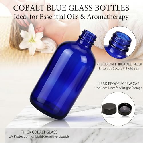 16oz blue Glass Bottles with Reusable Lids (2 Pack),Boston Storage bottle,Dispensing for Homemade Vanilla Extract,Essential Oils,plant,Ginger Shots
