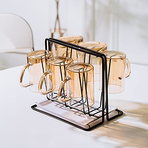 Metal Cup Drying Rack with 6 Hooks Bottle Drying Rack with Drain Tray | Coffee Mug Holder,Mug Organizer Black - color: Black