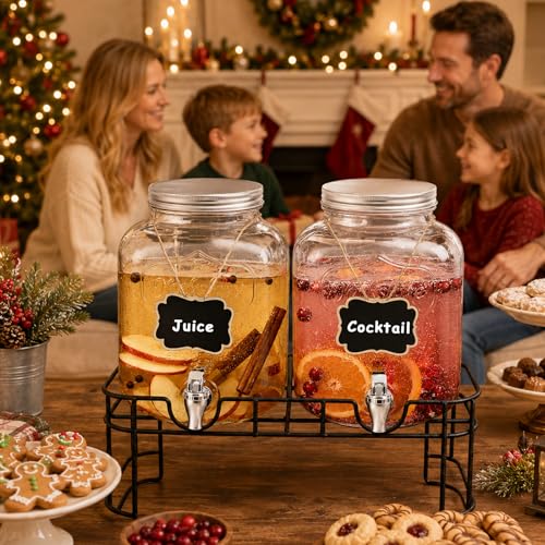 1 Gallon Glass Drink Dispensers For Parties-Set of 2,Drink Dispenser with Fruit Infuser & Stand,Juice or Beverage Dispenser for BBQ, Picnic, Party,Laundry Detergent Dispenser - size: 1 Gallon Double With Stand