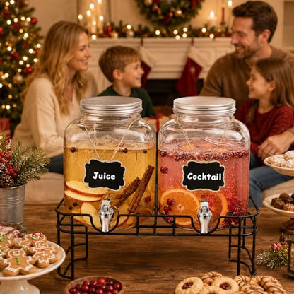 1 Gallon Glass Drink Dispensers For Parties-Set of 2,Drink Dispenser with Fruit Infuser & Stand,Juice or Beverage Dispenser for BBQ, Picnic, Party,Laundry Detergent Dispenser - size: 1 Gallon Double With Stand