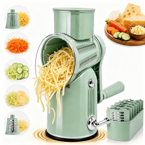 5 in 1 Cheese Grater with Rotary Hand Crank - Vegetable Chopper with Replaceable Stainless Blades, Strong Suction Base, Handle, Blade Storage Box, Easy-Clean Multipurpose Kitchen Slicer (Green) - color: Green