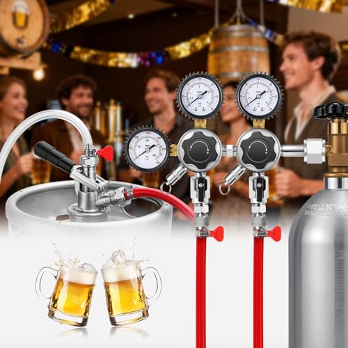 MRbrew CO2 Regulator Dual Output CGA-320 Keg Regulator Draft Beer Regulator | Quick Disconnect Threaded End Fitting with 2 Swivel Nut Barb-1/4’’ Barb & 5/16’’ Barb, CO2 Tank Pressure Regulator