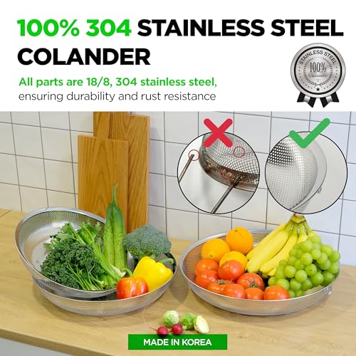 Premium 18/8 304 Stainless Steel Large Colander Set of 3, Comfortable Micro-Perforated Shallow Strainers, 5.5-7-10 Quart Tray Set, Self-Draining Solid Base for Pasta, Fruits, Vegetables - size: 5.5+7+10QT Colander