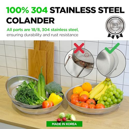 Premium 18/8 304 Stainless Steel Large Colander Set of 3, Comfortable Micro-Perforated Shallow Strainers, 5.5-7-10 Quart Tray Set, Self-Draining Solid Base for Pasta, Fruits, Vegetables - size: 5.5+7+10QT Colander