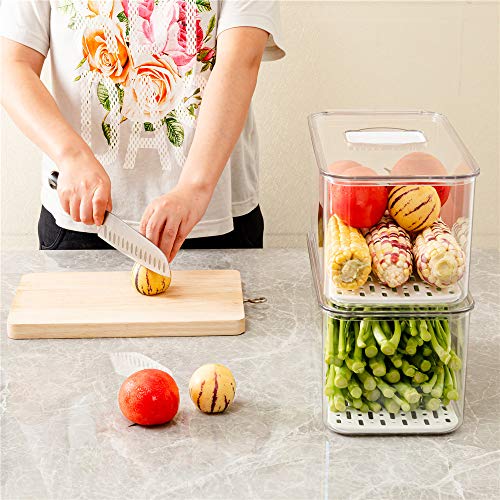 SANNO Produce Saver Refrigerator Organizer Bins with Lids And Removable Drain Tray Food Storage Container Fridge Stackable Freezer Bins For Kitchen Produce Fruit Vegetable (Set of 2) - size: 12.4” x 6.4”x 5.7"+12.4” x 6.4”x 5.7"