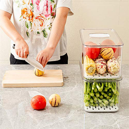 SANNO Produce Saver Refrigerator Organizer Bins with Lids And Removable Drain Tray Food Storage Container Fridge Stackable Freezer Bins For Kitchen Produce Fruit Vegetable (Set of 2) - size: 12.4” x 6.4”x 5.7"+12.4” x 6.4”x 5.7"