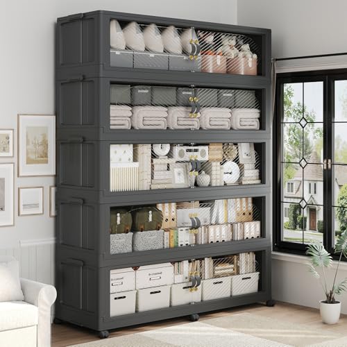 1600QT Extra Large Stackable Storage Bins with Lid & Wheels & Doors, 400Gal Foldable Collapsible Closet Organizers, Plastic Cabinet Box Container Drawer for Home Kitchen Bedroom, 5Pack Black - color: Black, size: 320QT-5Pack