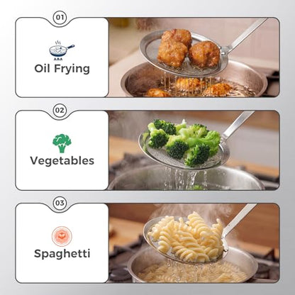 Hiware Stainless Steel Fat Skimmer Spoon - Fine Mesh Food Strainer for Grease, Gravy and Foam, Japanese Hot Pot Skimmer with Long Handle