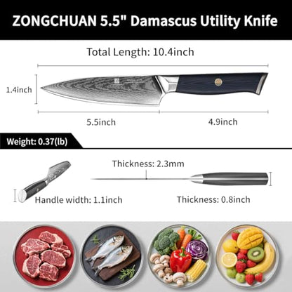 Utility Knife,5.5inch Damascus knife,67-Layer High Carbon Stainless Steel Kitchen Knife,Professiona Sharp Cutting Knives with Ergonomic Blue G10 Handle,Gift Box for Home and Kitchen Birthday Gift - style: 13C pro Utility Knife(Blue Black)