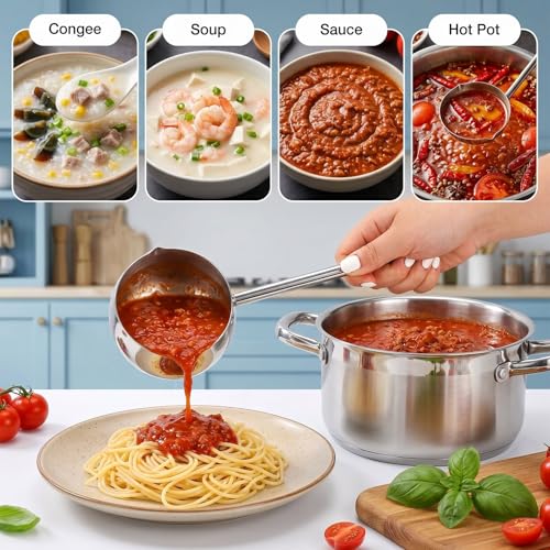SOUJOY 2Pcs Stainless Steel Oil Ladle with Dual Pour Spout, 9oz Sauce Scoop | SUS304 Small Milk Pot, Heat-Resistant Long Handle Soup Gravy Spoon, Butter Warmer for Kitchen Cooking Serving