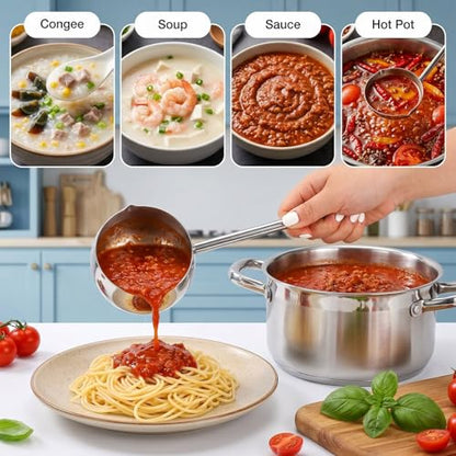 SOUJOY 2Pcs Stainless Steel Oil Ladle with Dual Pour Spout, 9oz Sauce Scoop | SUS304 Small Milk Pot, Heat-Resistant Long Handle Soup Gravy Spoon, Butter Warmer for Kitchen Cooking Serving