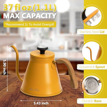 Harriet Gooseneck Kettle with Thermometer for Pour Over Coffee and Tea, 37 fl oz, Stainless Steel, Durable 3-Layer Base, Ideal Spout for Precision Pouring, Compatible with all Stove Tops, Yellow - color: Yellow
