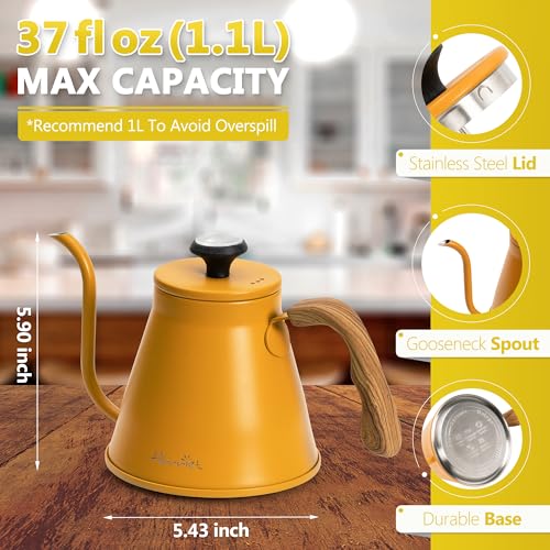 Harriet Gooseneck Kettle with Thermometer for Pour Over Coffee and Tea, 37 fl oz, Stainless Steel, Durable 3-Layer Base, Ideal Spout for Precision Pouring, Compatible with all Stove Tops, Yellow - color: Yellow
