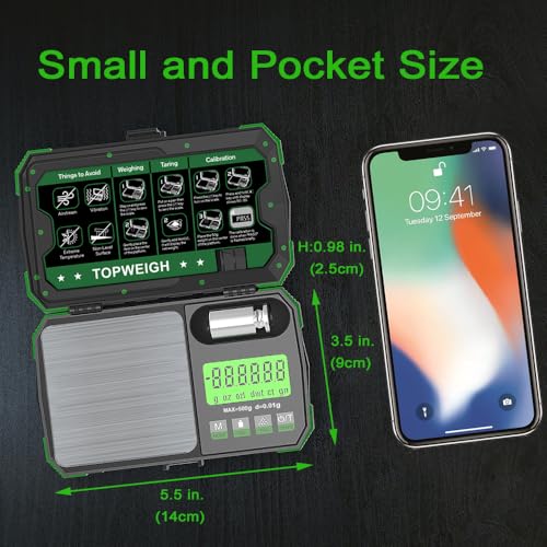Pocket Scale, Dual Powered, Precision Gram Jewelry Scale with Zipper Case, Digital Small Coin Scale, Large Backlight Display, 500g x 0.01g, 6 Weighing Units,Cal Weight, USB Cable Included - color: Green