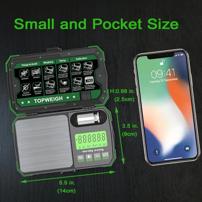 Pocket Scale, Dual Powered, Precision Gram Jewelry Scale with Zipper Case, Digital Small Coin Scale, Large Backlight Display, 500g x 0.01g, 6 Weighing Units,Cal Weight, USB Cable Included - color: Green