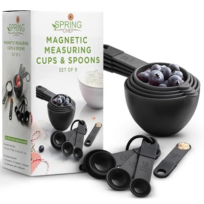 Spring Chef Magnetic Measuring Cups and Spoons Set of 9, Nesting Kitchen Tool with Easy to Read Markings for Measuring Dry or Liquid Ingredient, BPA Free, Black - color: Black