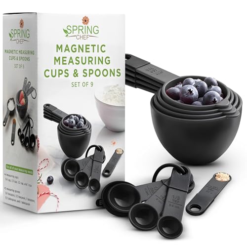 Spring Chef Magnetic Measuring Cups and Spoons Set of 9, Nesting Kitchen Tool with Easy to Read Markings for Measuring Dry or Liquid Ingredient, BPA Free, Black - color: Black