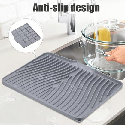 TIKNIK Silicone Dish Drying Mat for Kitchen Counter - Heat Resistant & Non-Slip Dish Drain Pad with Built-In Drain, Dishwasher Safe, Quick-Dry, Hangable & Roll-Up for Storage, Grey-1pcs, 16" x 12" - size: 16" x 12"