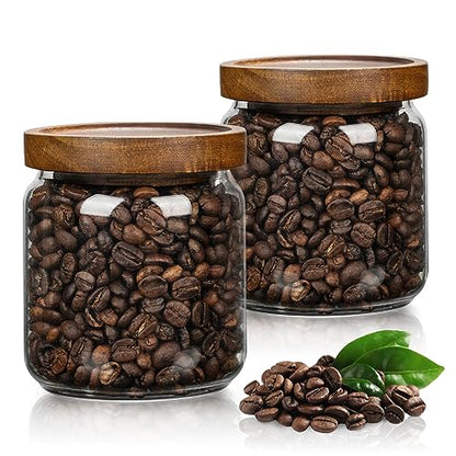 2PCS Small Glass Storage Jars with Airtight Lids, 17 fl oz (500ml) coffee container with Wooden Lid, Glass Pantry Canister for Beans, Rice, Sugar and etc - color: clear- （2PCS，17FL OZ/500ML）