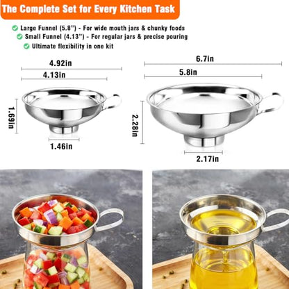 2-Pack Canning Funnels, Wide Mouth & Regular Mouth Kitchen Funnels for Mason Jars, Large & Small Funnel Set for Filling Bottles with Liquid, Oil, Dry Food - Stainless Steel