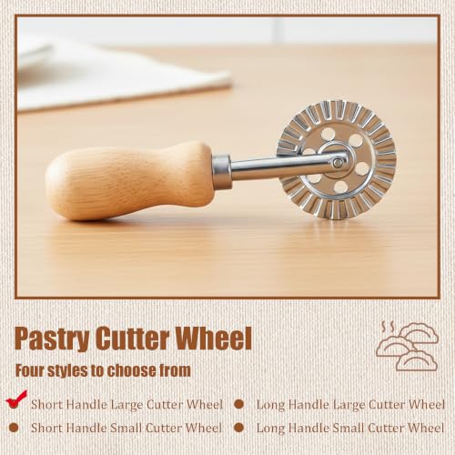 Pastry Cutter Wheel, Crinkle Wheel with Beech Wood Handle | 304 stainless steel crinkle blade, beech wood handle, multi-use for pizza pasta pastry cookie ravioli, 5 variants - color: Short Handle Large Cutter Wheel