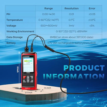 Bonvoisin PH Meter for Water Real-time PH, Temperature, Voltage Measurements in Water with Calibration, Digital PH Tester for Hydroponic Systems, Plant Grow, Pool