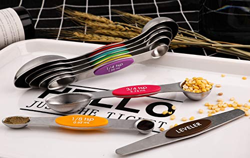 Magnetic Measuring Spoons Set of 9 Stainless Steel Stackable Dual Sided Teaspoon Tablespoon for Measuring Dry and Liquid Ingredients Fits in Spice Jars - color: Measuring Spoons