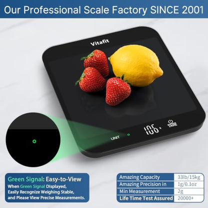 Vitafit 33lb Food Scale, High Accuracy 0.1oz by Our Professional Scale Factory Since 2001, Digital Kitchen Scales Weight Grams and Ounces for Cooking & Baking, 8.5x7.1in Platform, 3 AAA Battery, Black - color: Black Tempered Glass