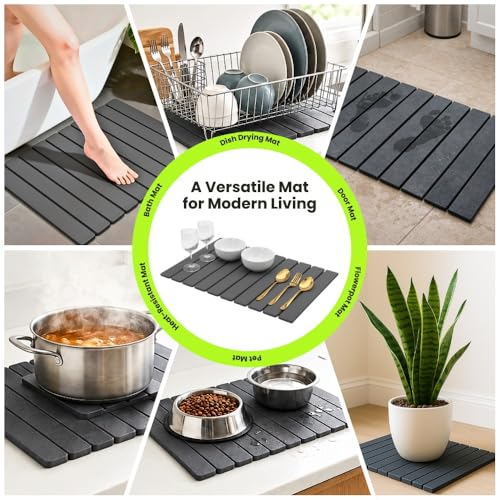 Stone Dish Drying Mat for Kitchen Counter, Large Quick Dry Diatomaceous Earth Stone Drying Mat, Foldable Water Absorbent Dish Drying Mat for Dishes, Cups, Bottles, Kitchen Sink & Countertop (Grey) - color: Gray