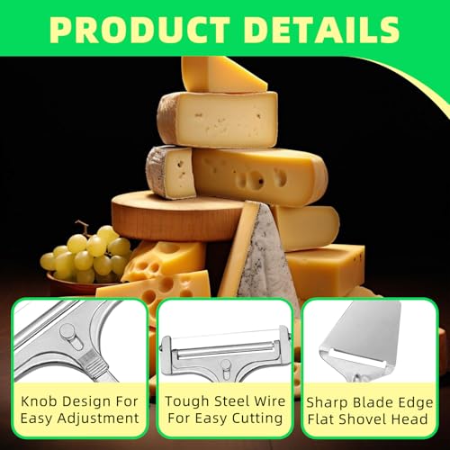 6 Pcs Cheese Slicer Set with Wire Cutter & Spatula, Matte Silver Stainless Steel Cheese Cutter for Block Cheese, Adjustable Handheld Cheese Slicer for Kitchen Butter Sandwich Making (Includes 8 Wires)