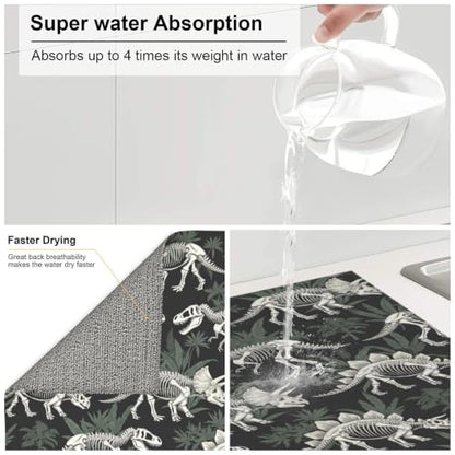 Dinosaur Skeletons Botanical Dish Drying Mats for Kitchen Counter, Super Absorbent Microfiber Drainer Pad, Washable Reversible Appliance Protector, Everyday Kitchen Must-Have, 16x18 Inch - color: Dinosaur Skeletons Botanical