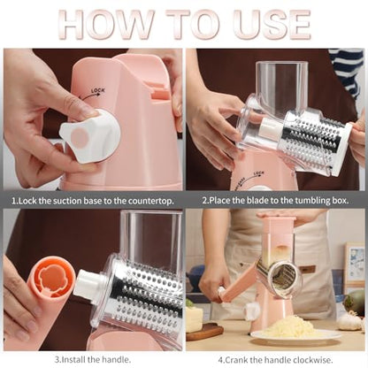 Cambom Rotary Cheese Grater Hand Crank Cheese Shredder for Fresh Cheese, Vegetable, Nuts,Non-slip Suction Base，Three Blades,Pink - color: Pink, size: 3 BLADES
