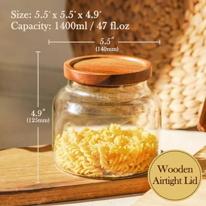 Labina Glass Storage Container Airtight Food Jars Kitchen Canister with Wood Lids, 47 Oz Wide Mouth Pantry Organization Glass Jar for Flour, Sugar, Cookie, Spagetti, Nuts and Candy (2 Pack) - size: B2: 47 Oz 2 pcs