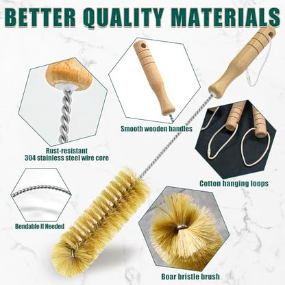 Boar Bristle Bottle Brush Set (4 Pack) - Straw & Water Bottle Cleaner with Long Wooden Handles, Scrubber for Stanley Cups, Tumblers & Jars, 304 Stainless Steel Wire, Kraft Packaging
