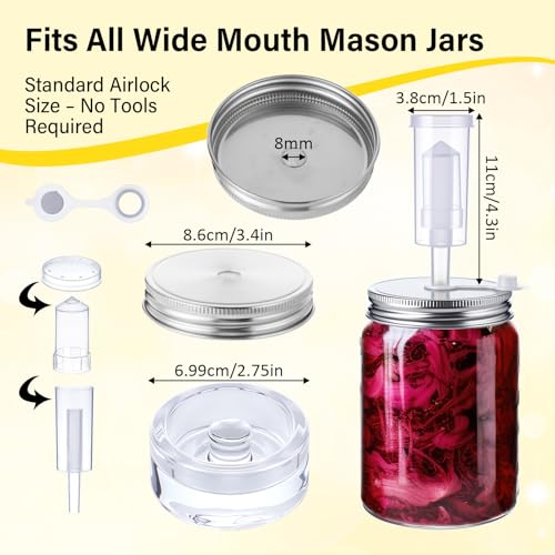 8 Set Fermentation Kit for Wide Mouth Mason Jar Pickling Sauerkraut Kit with 8 Airlocks, 8 Fermenting Lids, 8 Glass Weights, 8 Silicone Rings & Grommets (Jars Not Included)