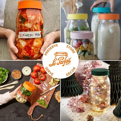 Le Parfait Eco-Friendly Zero Waste Wide Mouth Glass Jar with Airtight Screw Top Lid - Reusable French Storage Jar for Food, Soup, Flour, Sugar, Canning & Baking (3L/96oz, 3 Pack, Teal) - color: 3L-Teal (Set/3)