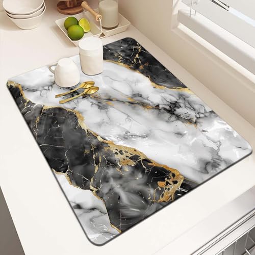 MCALK Marble Black Dish Drying Mat for Kitchen Counter, Luxurious Marble Texture Dish Drying Pad with Anti-Slip Rubber Base, Absorbent Kitchen Sink Mat with Modern Art Decor (1 pc 18" x 16") - size: 18" x 16"
