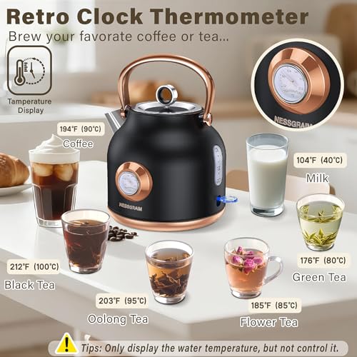 Retro Electric Kettle, 1.7L Stainless Steel Tea Kettle with Large Temperature Gauge, 1500W Fast Heating Hot Water Boiler with LED Indicator, Auto Shut-off & Boil-Dry Protection-Reteo Black - color: Retro Black