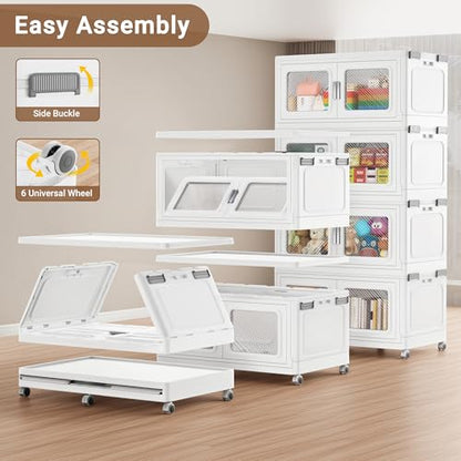 BROVIEW 660Qt Extra Large Stackable Storage Bins with Lids,165Gal Stackable Storage Bins Open Front with Wheels, Plastic Storage Cart Organizer and Storage for Home Kitchen, 3 Packs, White