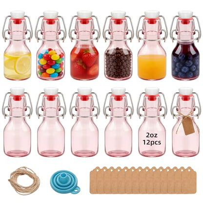 12Pcs 2oz Swing Top Glass Bottles,Flip Top Glass Bottle with Lids Sealable Kombucha Bottle for Brew Beer Syrup Vanilla Extract Air Tight Bottles (Pink) - color: Pink